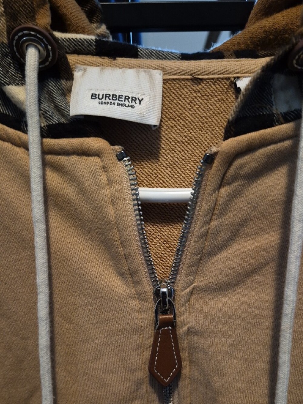 Burberry Beige Zip Hoodie with Plaid Hood Lining - Picture 5 of 6